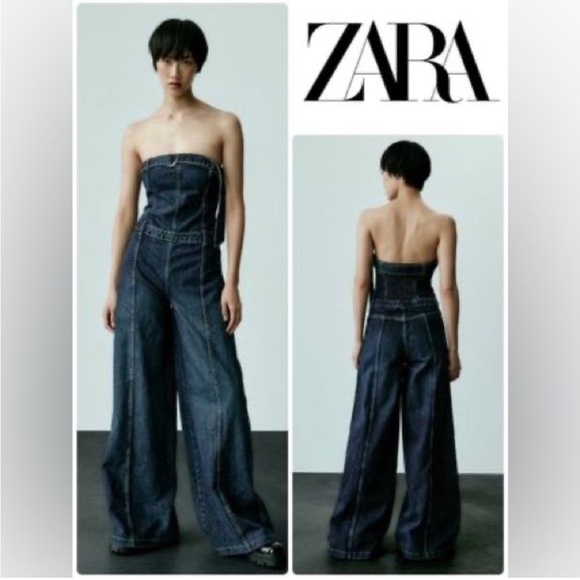 Zara Pants - ZARA Strapless Wide Leg Denim Jumpsuit NEW